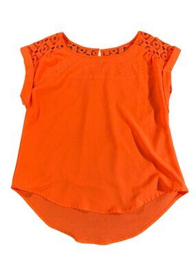 EM Women's S Neon Orange Crochet Lace Yoke Hi-Low Blouse Cap Sleeve